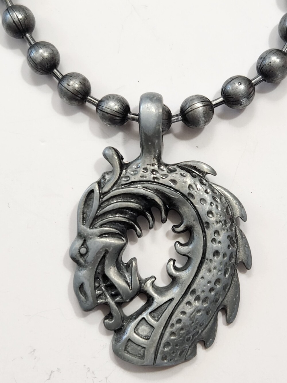 Antiqued Silver Pewter Dragon Head Pendant Metal Ball Chain Necklace Goth Viking